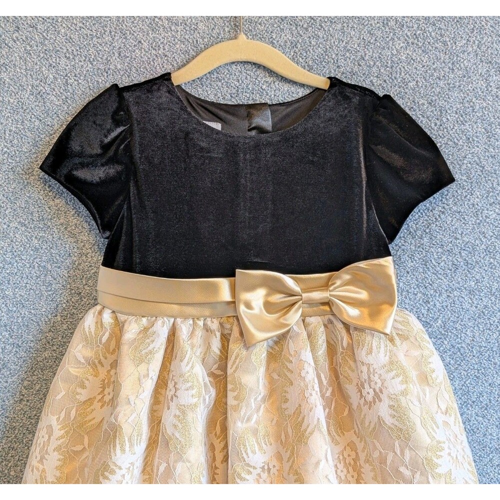 Special Editions Sears Girls Size 5T Velvet Puff Sleeve Glitter Lace Bow Dress - Picture 2 of 9